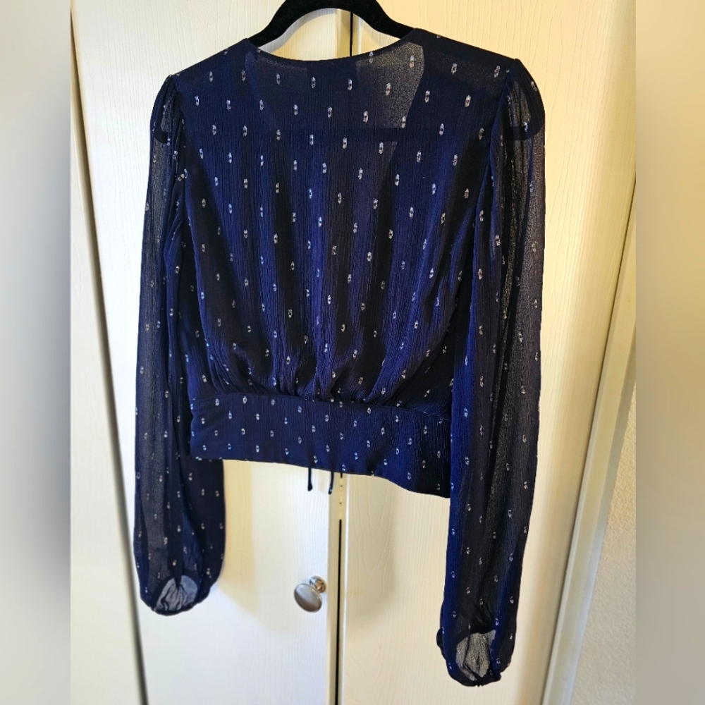 The Kooples Navy Blue Cosmic Dots Sheer lace-up bodice Long-sleeved Top SzM = 6 - Picture 4 of 11